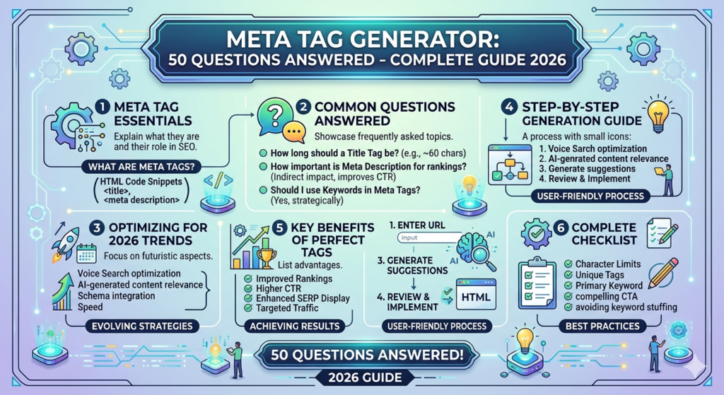 Complete meta tag guide 2026 infographic. Top section shows keyword research and title tags. Middle section explains canonical tags with link rel equals canonical code example to avoid duplicate content. Bottom section covers meta descriptions and schema markup including article and product card types