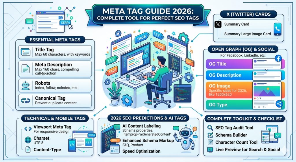 Meta tag guide 2026 infographic showing keyword research, title tags, canonical tags for duplicate content, meta descriptions for CTR, and schema markup with article and product card options