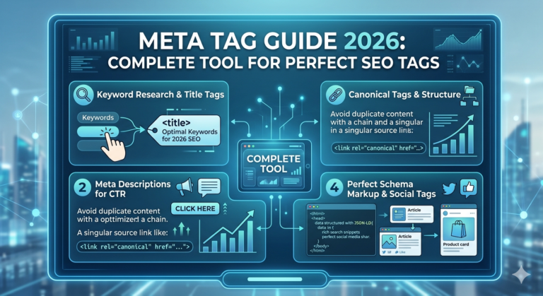 Meta tag guide 2026 infographic showing keyword research, title tags, canonical tags for duplicate content, meta descriptions for CTR, and schema markup with article and product card options