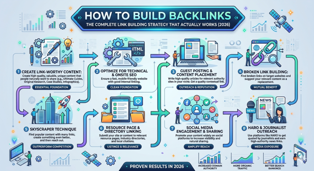 Backlink building complete guide 2026 infographic showing 8 proven methods
Ultimate backlinks strategy 2026 - Guest posting, Skyscraper, Broken link building and more
